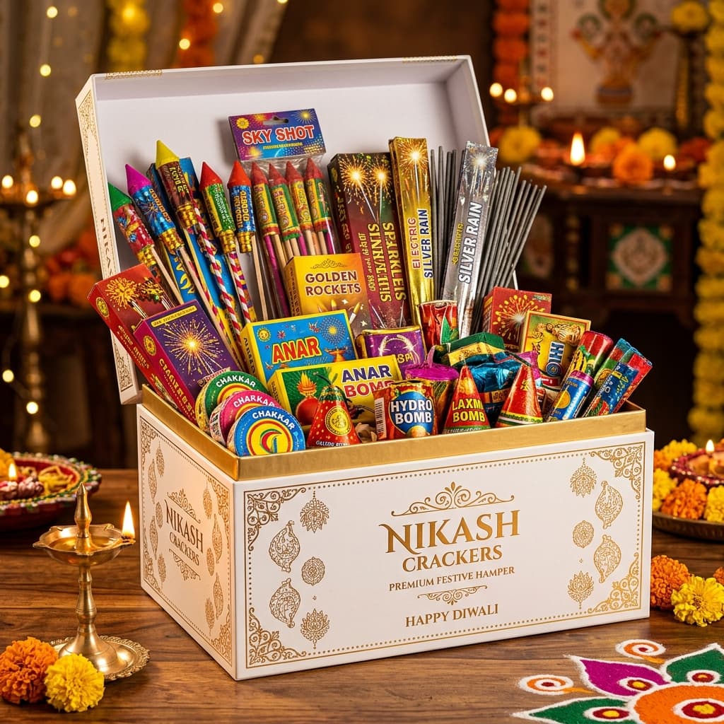 Nikash Crackers Premium Gift Box overflowing with fireworks